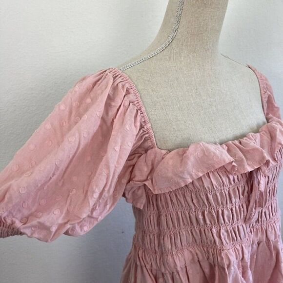 R.Vivimos Baby Pink Swiss Dot Cotton Puff Sleeve Ruffled Swing Mini Dress XL NWT - Picture 7 of 10